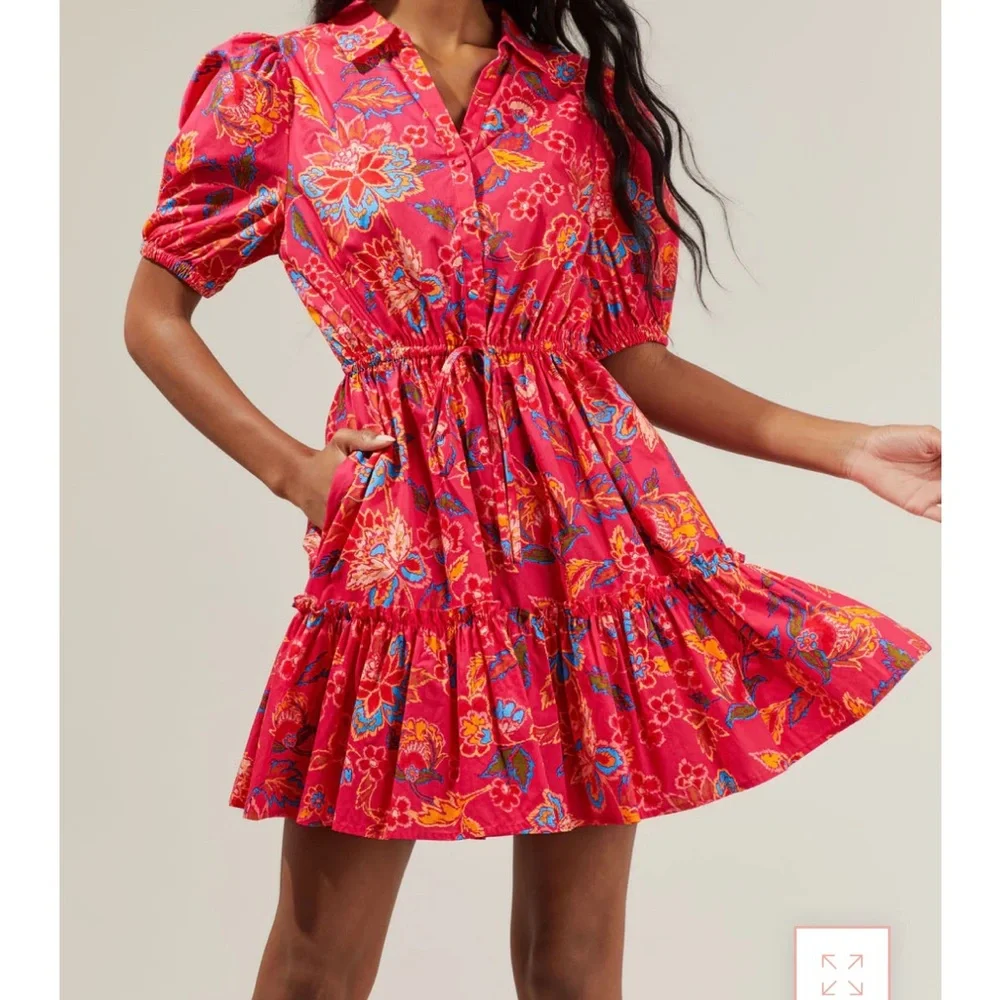 Sugarlips elegant vibrant Floral Red Dress small. Cinch - Picture 2 of 12